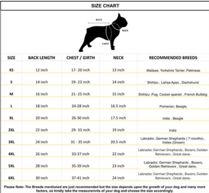 Dog size chart with measurements and recommended breeds